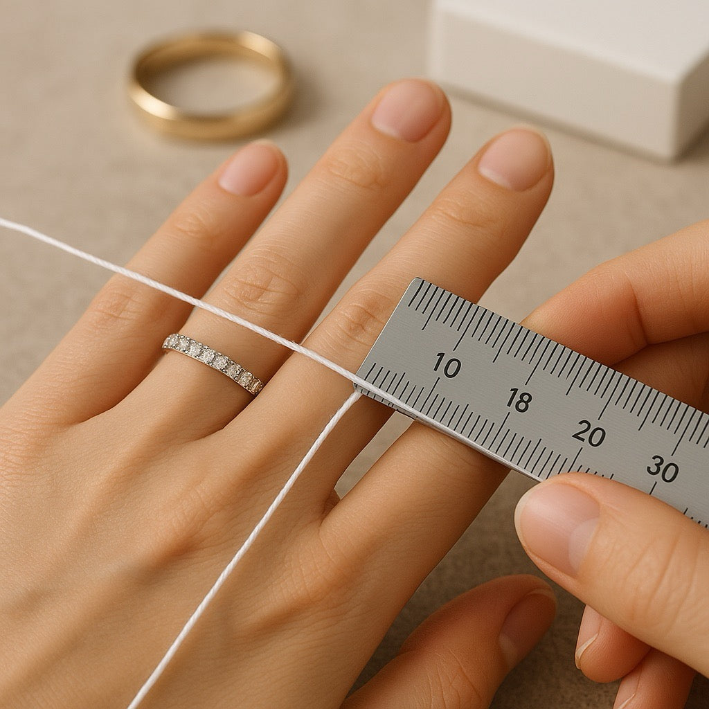 Texte alternatif (alt text) en français :Mesurer la taille d'une bague avec une règle et une ficelle sur un doigt