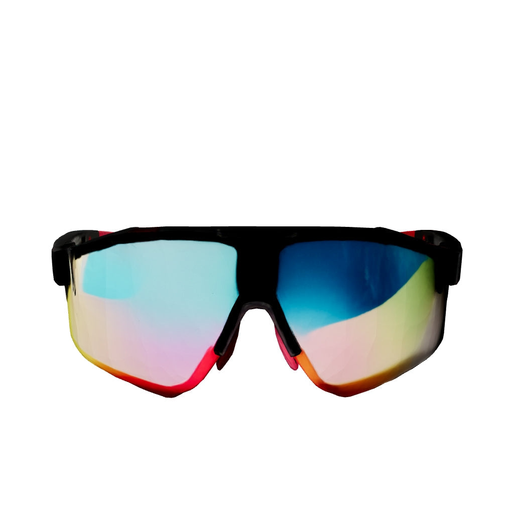 Lunettes de cyclisme UV400 à verres miroir arc-en-ciel, monture noire, idéales pour les performances sportives en extérieur.